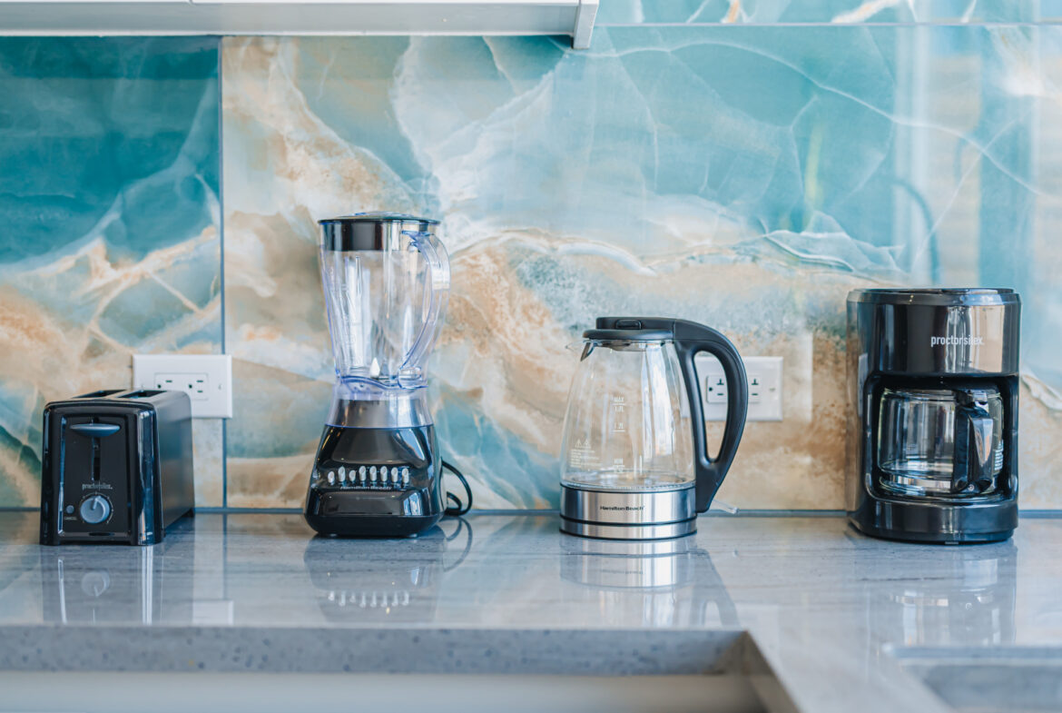 Kitchen counter with toaster, blender, kettle, and coffee maker, Seaside Modern Villa, Aruba