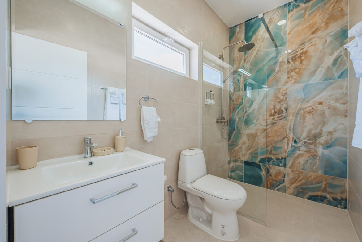 Bathroom with white vanity, toilet, and blue marbled feature wall in the shower, Seaside Modern Villa, Aruba