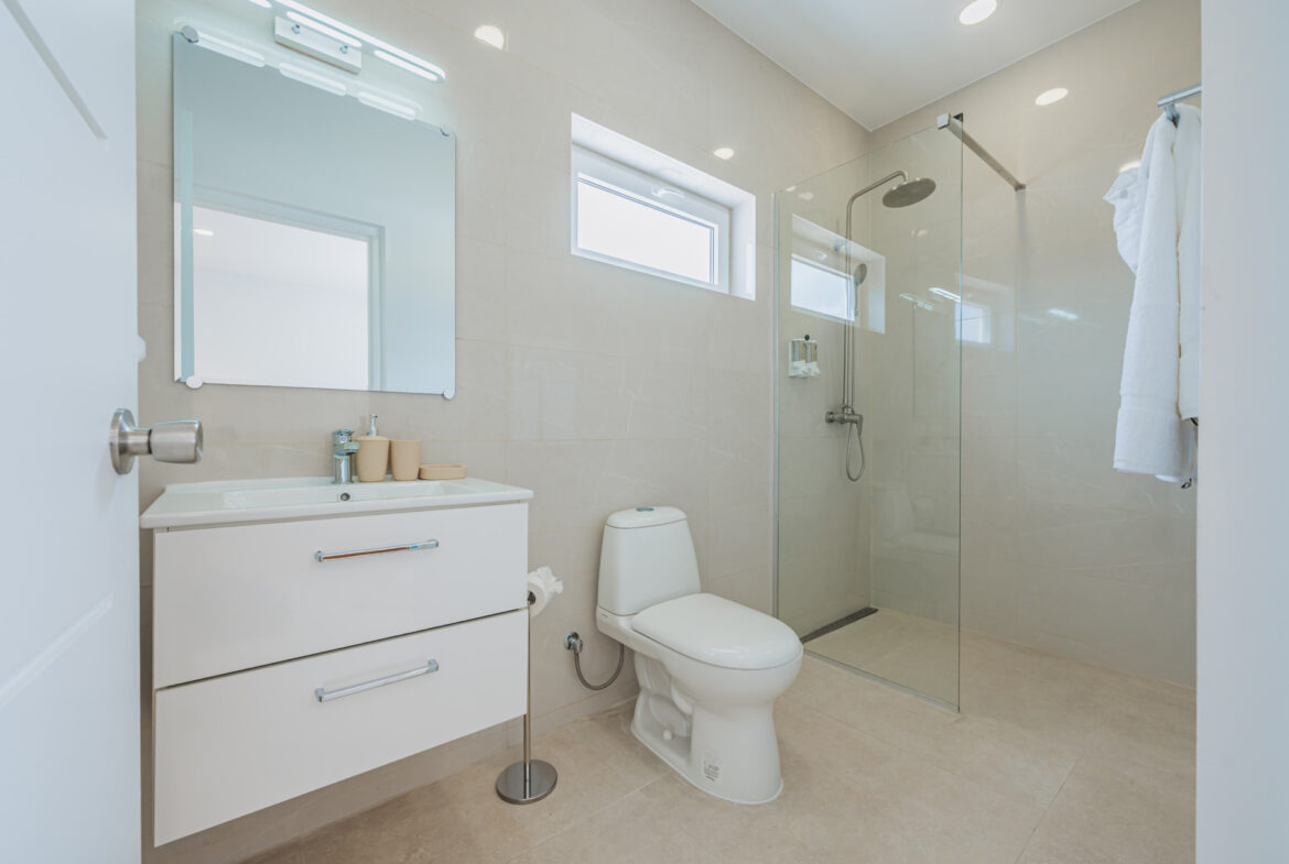 En-suite bathroom with glass-enclosed rainfall shower and vanity, Seaside Modern Villa, Aruba