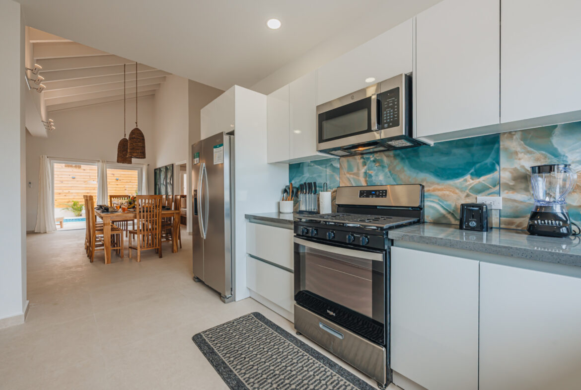Modern kitchen with stainless steel appliances and ocean-inspired blue backsplash, Seaside Modern Villa, Aruba